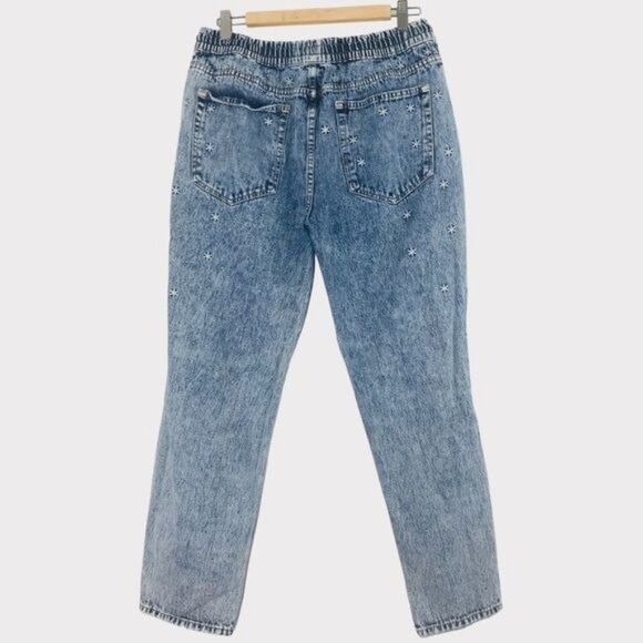 EASEL High Rise Floral Embroidered Distressed Straight Leg Drawstring Jeans Sz L - Picture 8 of 10